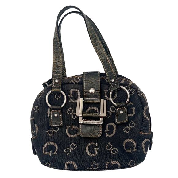 Guess Y2K Vintage Mini Micro Shoulder Monogram Denim Flap Purse Bag Black Gray - Picture 1 of 8